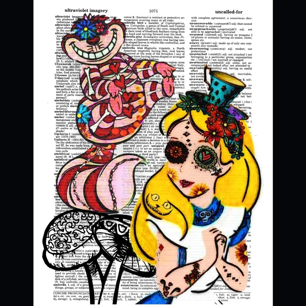 Mad Alice Wonderland Sugar Skull Cheshire Ca Bright Vintage Dictionary Art Print